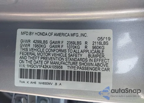 2019 Honda Accord Ex из США, поврежденный, VIN 1HGCV1F42KA105958